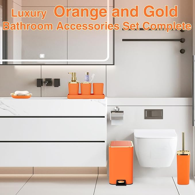 Bathroom Accessories 8 Piece Orange and Gold Bathroom Set Bath Accessories with Stainless Steel Trash CanToilet BrushToothbrush SetSoap Dispenser