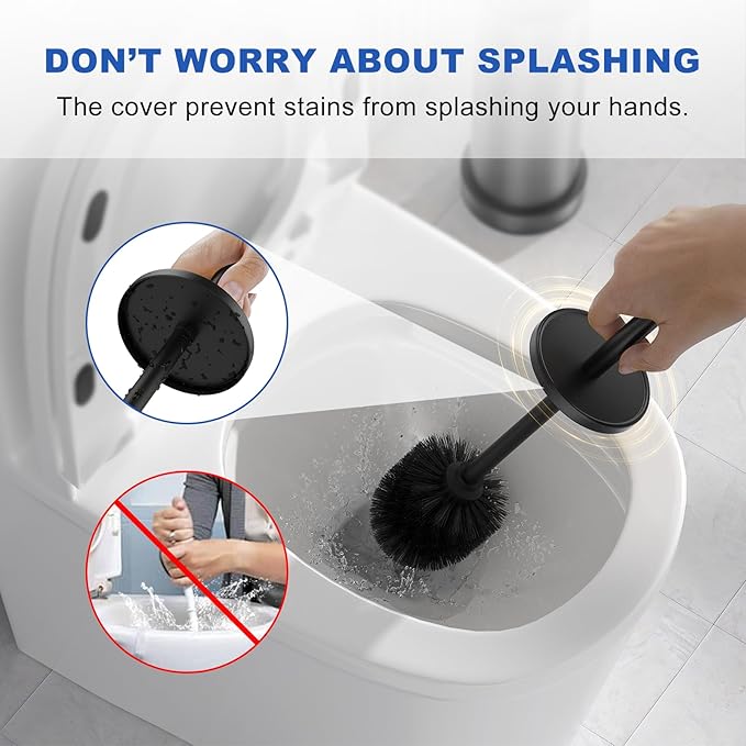 Black Toilet Brush and Holder Set 304 Stainless Steel Heavy Duty Toilet Bowl Brush and Holder with Long Handle Removable Inner Bowl and Splash Protection Modern Toilet Cleaner Brush for Bathroom