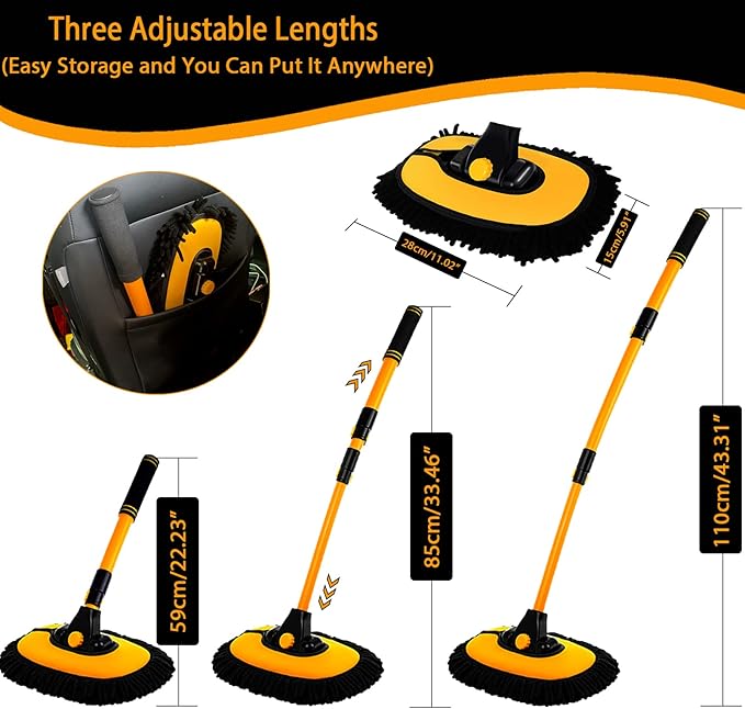 15° Curved Car Cleaning Brush with Telescopic Handle 43 Aluminum Alloy Long Rod Wash Mop For Washing Caravan Van Truck Boat RV Roof Soft Chenille Head Duster Clean Product Not Hurt Paint Scratch Free