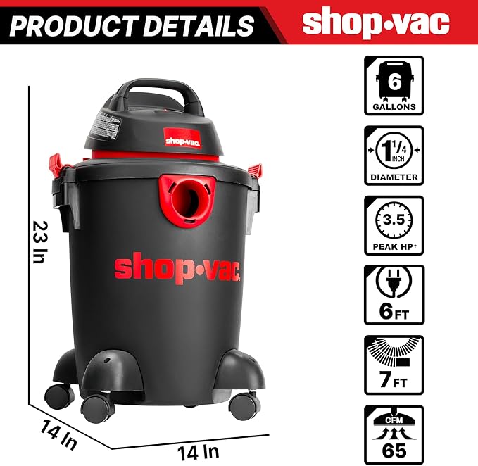 Shop-Vac 5985005 6 Gallon Wet/Dry Vacuum 3.5 Peak HP 1.25 Inch Diameter x 7 Foot Hose 6 Foot Cord Ideal for Home Garage and Workshop Cleaning