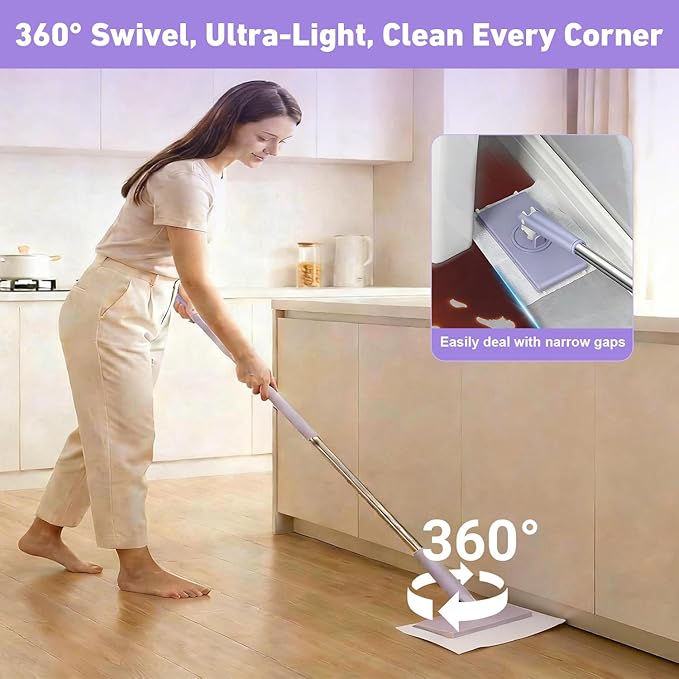 Lazy Mop Snap Grip Mini Mop for Dry &amp Wet Disposable Pads Cloth Changing &amp Zero Touch Mini Mopa with Sweeping &amp Mopping Long Handle Disposable Dust Mop for Hardwood Tile Floor Small S