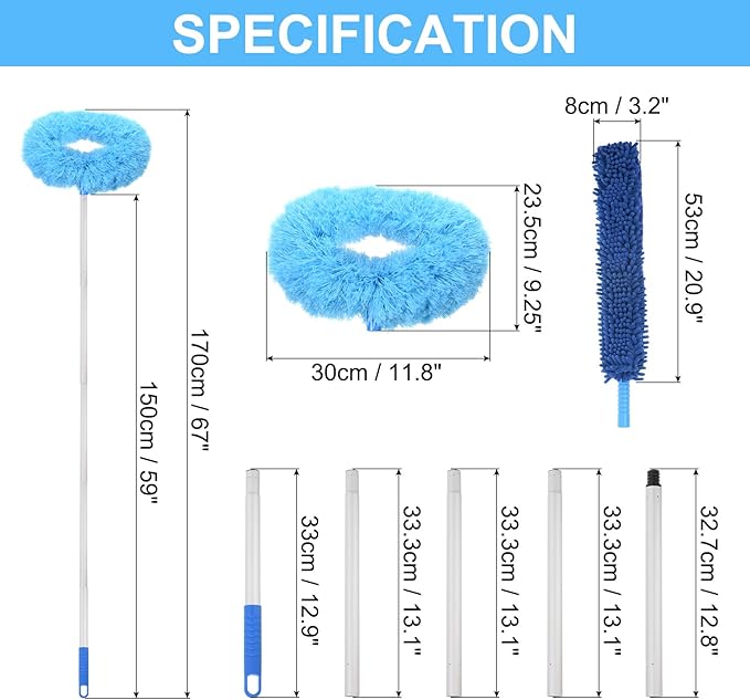 PATIKIL Ceiling Fan Cleaner Duster 12.9 to 59 2 in 1 Microfiber Duster Extendable Handle Fan Blade Cleaning Tool Removable Washable for Furniture Blind Blue