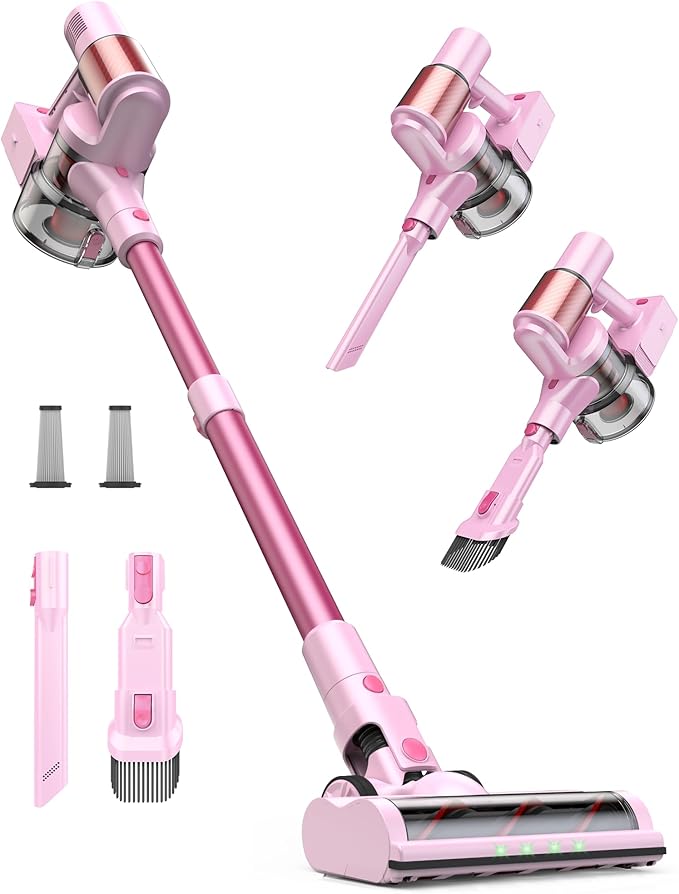 Pink Cordless Vacuum Cleaner 45Kpa/550W/60 Mins Runtime Stick Vacuum with Self-Standing and Touch Screen Anti-Tangle Wireless Vacumm Vacuum Cleaners for Home/Pet Hair/Carpets/Floors