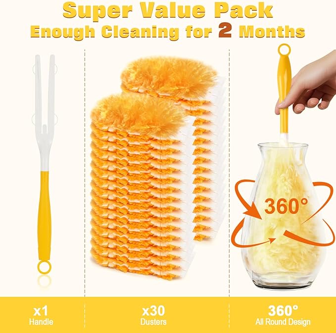 360° Heavy Duty Duster Refills for Swiffer Duster30 Pack &amp 1Handle 4X Faster Electrostatic Deep Duster Kit for Cleaning Pet Hair Blinds &amp Car VentsLasts 2+ Months Eco-Friendly &amp Gift-