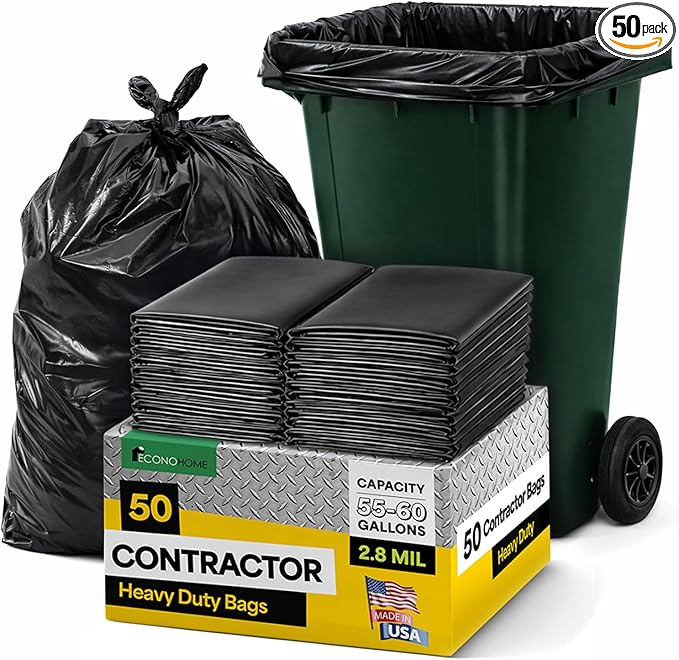 EconoHome 55-60 Gallon Contractor Garbage Bags - 2.8 Mil Extra Thick Heavy Duty Trash Bags for Construction Lawn &amp Yard Cleanup Demo &amp Commercial Use - Made in USA - Extra Large 38x53 - 50