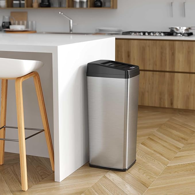 iTouchless 14 Gallon Slide Open Lid Kitchen Trash Can with Motion Sensor Stainless Steel Rectangular Trashcan for Home Office Garage Work Bedroom Living Room Large Capacity Slim Wastebasket Silver