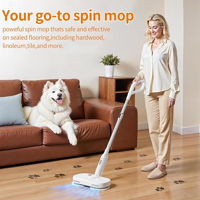 Adjustable Cordless Electric Spin Mop with self-propelled water sprayer/8000mAh Battery/LED Headlightself-propelled design with 6 Washable mop Pads for Hardwood Tile Floors Quiet Cleaning/Waxing