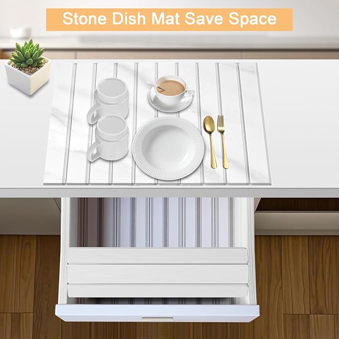 Large Stone Dish Drying Mat for Kitchen Counter with 3 Sanding block and Towel 24×16 Quick Drying Diatomaceous EarthSuper Absorbent Anti Slip Mat for Women Mom Grandma (Marble white)