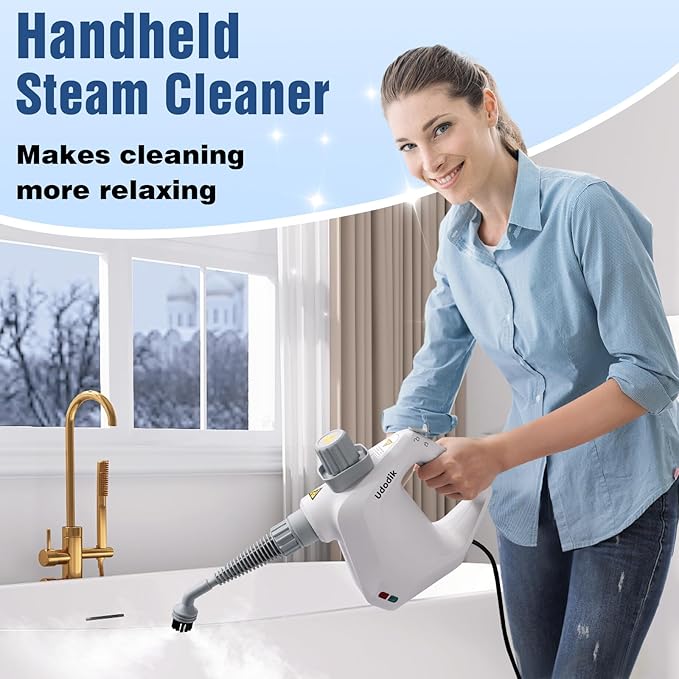 Handheld Steam Cleaner versatile and portable design comes with a safety lock and a 10-piece accessory set to easily remove dirt and grease (white).