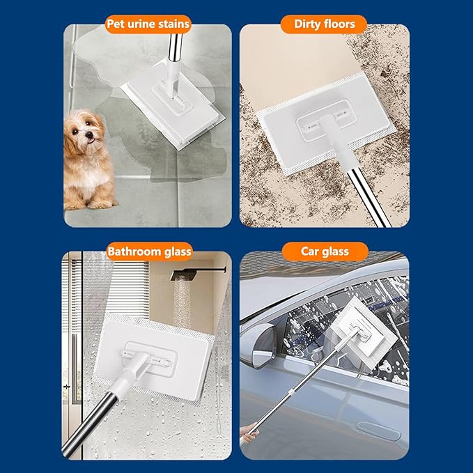 2 Set Disposables Dust Mops with 8 Reusable Cloths 100x16x8.5cm Automatic Fabric Clamp Lazy Mop 360° Rotatable Detachable Press Flat Mop Portable Face Towel/Wipes Cleaner for Floor Bathroom Kitchen