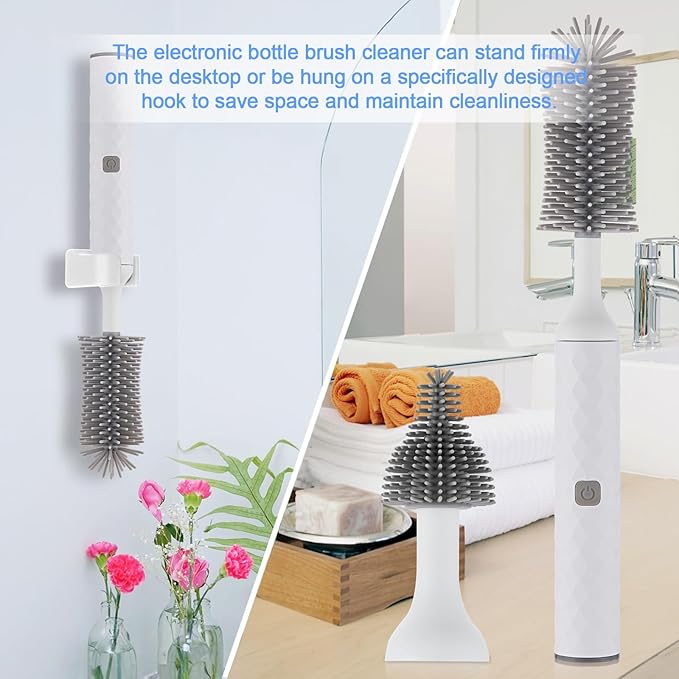 Rechargeable Electric Bottle Brush Cleaner Set with 3 Piece Silicone Baby Bottle Brush Cleaner and Straw Cleaner BrushBPA FreeWaterproofPerfect Baby Registry GiftWhite