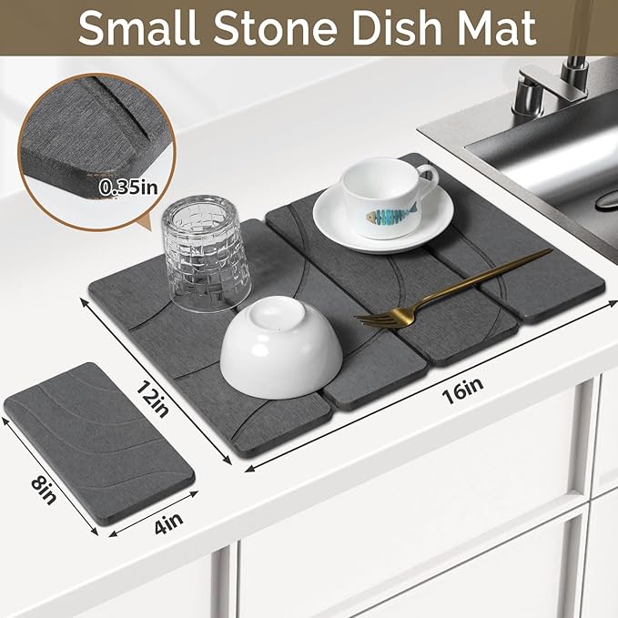 Small Stone Dish Drying Mat for Kitchen Counter 2 PCS 16×12 &amp 8x4 Quick Dry Stone Mats Foldable Water Absorbing Diatomite Drying Dish Pad for Countertop Bottles Utensils Cups(Carved Gray)
