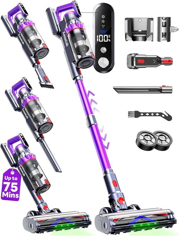 Cordless Vacuum Cleaner 75Mins/55KPa/650W Self-Standing Stick Vacuum Cleaners for Home Rechargeable Lightweight Cone Filtration&ampAnti-Tangle for Hard Floor Carpet Hardwoods Pet Hair