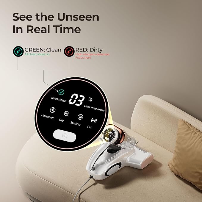 JIGOO Bed Vacuum Cleaner with Dust Sensor Mattress Vacuum Cleaner with UV &amp Ultrasonic and High Heating 13Kpa Suction 500W Powerful Double-Cup Handheld Vacuums (J300 Corded)