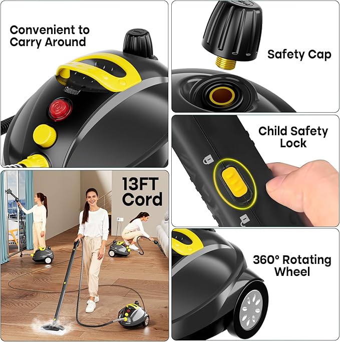 Steam Cleaner Heavy Duty Steamer Multipurpose Powerful Steam Mop with Extra-Long Power Cord for Home Floor Cleaning Carpets Grout Tile Car Sofa