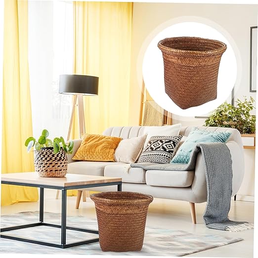 VALICLUD 1Pc Straw Woven Wastebasket Rustic Trash Can for Paper Rubbish Decorative Storage Bin for Bathroom Bedroom Office Hand Woven Design