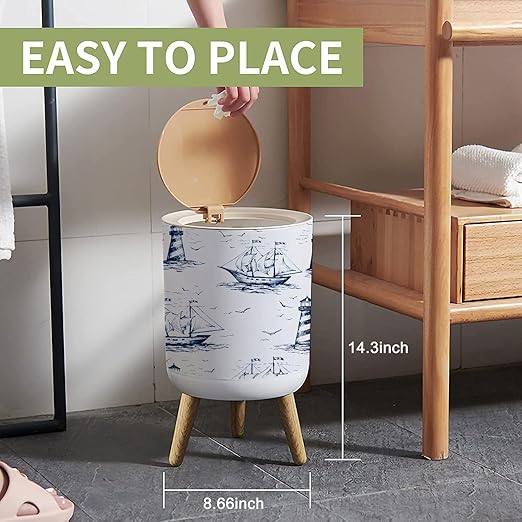 Small Trash Can with Lid Vintage Hand Drawn Nautical Toile De Jouy Seamless Lighthouse Wood Legs Press Cover Garbage Bin Round Waste Bin Wastebasket Kitchen Bathroom Office