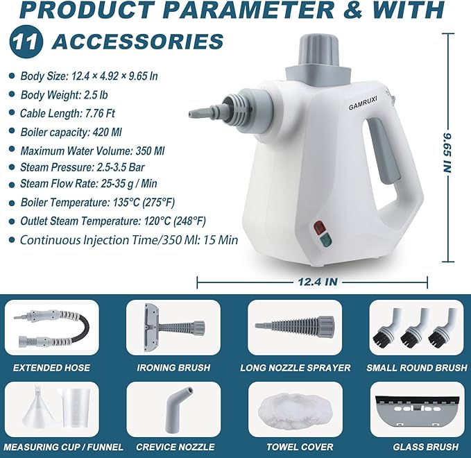 Handheld Pressurized Steam Cleaner with 11 Attachments – Portable Multi-Surface Steamer for Home Mattress Floors Couch Windows Upholstery Car and Grout – Deep Cleaning &amp Stain Removal(White