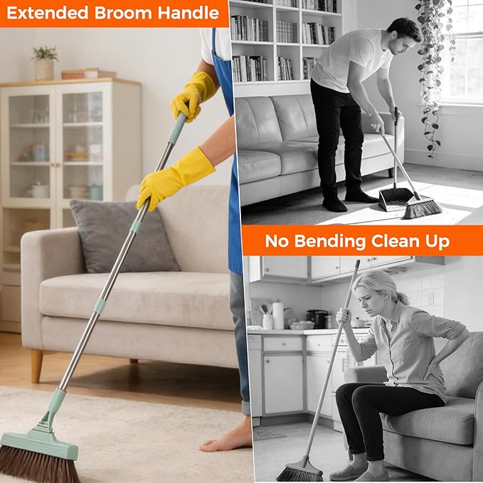Broom and Dustpan Set with Adjustable Handle Upright Design Built-in Comb Teeth Mint Green for Home Office Hardwood Floors Pet Hair (Green/Gray)