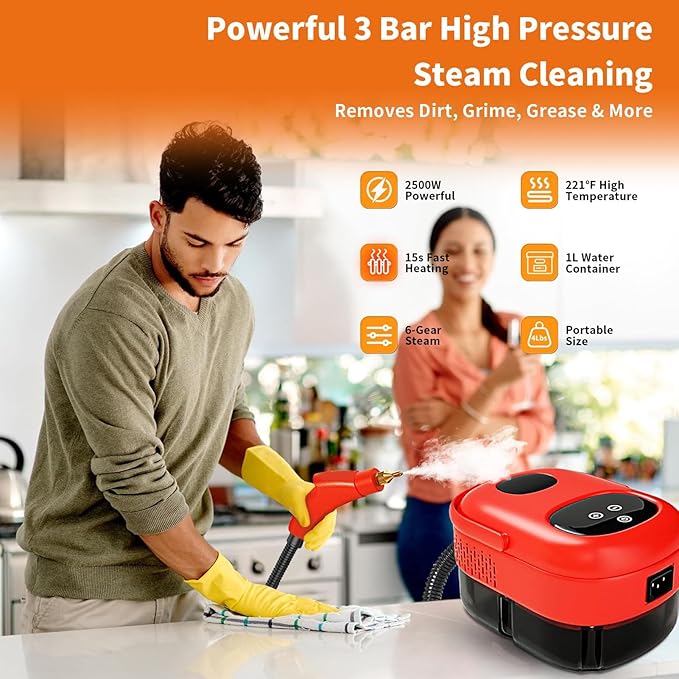 Handheld Steam Cleaner with 6 Gears Adjustment 2500W High Temperature High Pressure Portable Machine with 6 Brushes 105℃ 3 Bar for Home Use (US Plug 110V)