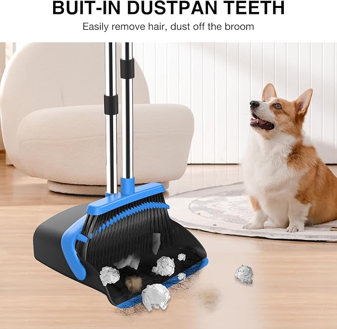 Broom and Dustpan Set 52-in Long Adjustable Handle Broom Dustpan Combo with Dust pan Teeth to Automatically Clean Hair Suitable for Home Kitchen Office Hall Floor (Black&ampBlue) 4 Pack