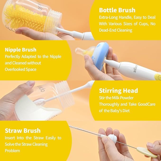 Electric Bottle Brush Cleaner Portable Electric Baby Bottle Brush Cleaner for Travel Rechargable Travel Bottle Cleaner Kit with Nipple &amp Straw Brush Perfect Mom Essentials After Birth Gift Yel