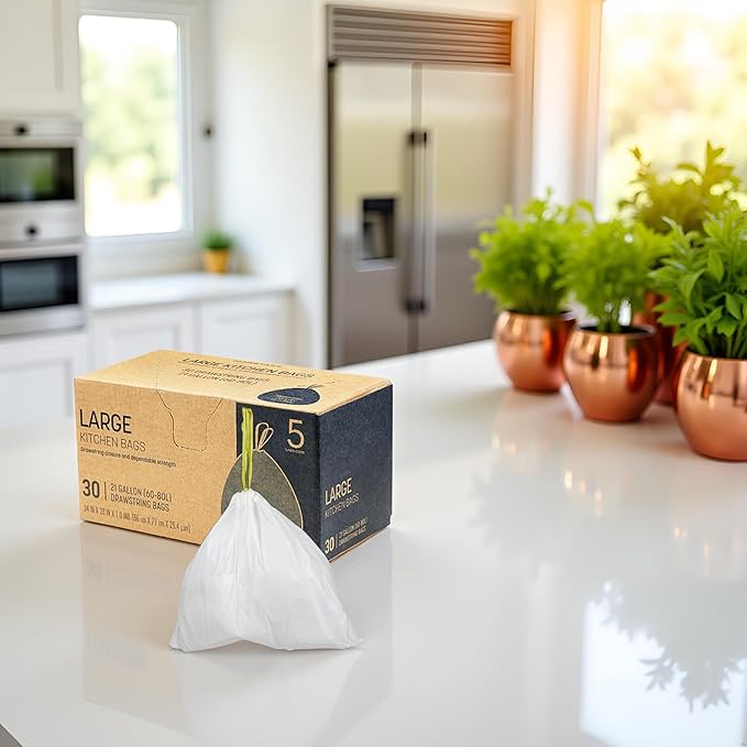 Trash Bags 30 Count White Drawstring Waste Bags | Leak-Resistant Tear-Resistant Unscented | For Bathroom Office Bedroom Bins (28.5×33.8in)