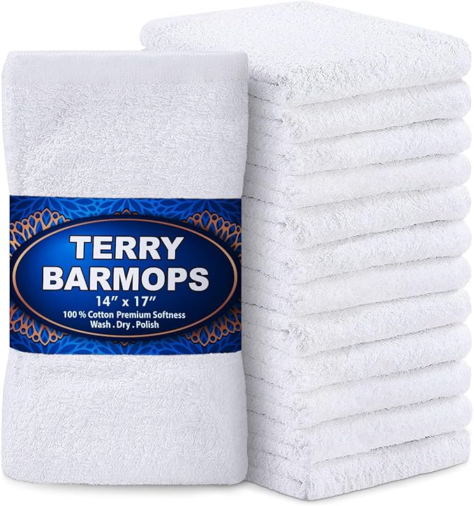 GREEN LIFESTYLE Terry Kitchen Bar Mops Kitchen Towel 12 Pack Pure Cotton White Dish Cloths Rags Restaurant Cleaning Towels Ring Spun 100% Cotton 14x17 inches