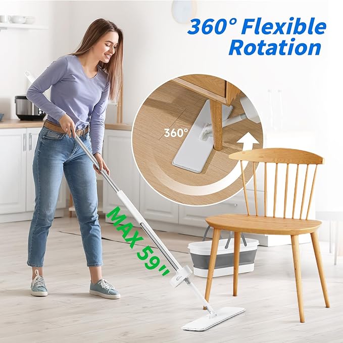 Oshang Flat Mop and Collapsible Bucket OG7 with Wheels 2 Washable Reusable Microfiber Pads Pure White