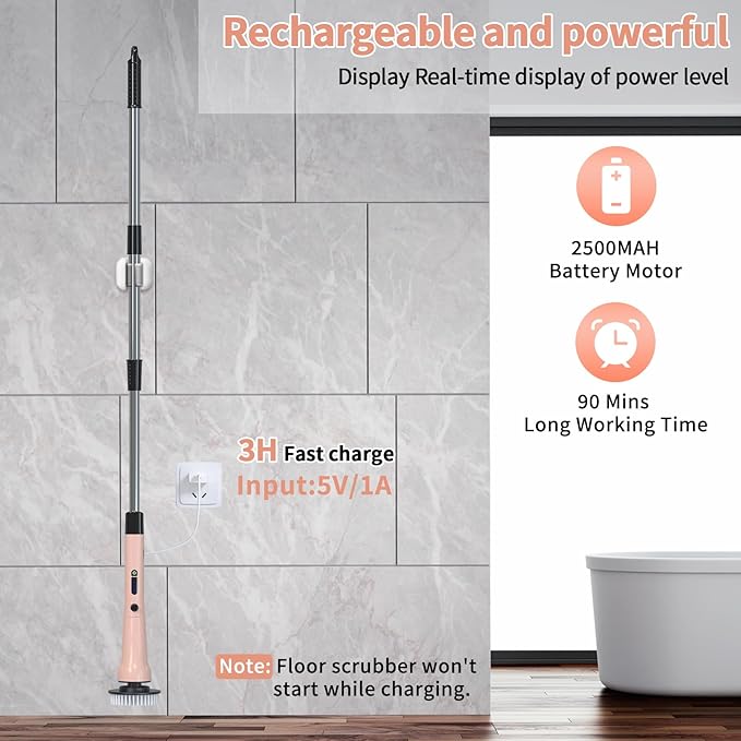 Electric Spin Scrubber Hillyfe Bathroom Scrubber Electric with 7 Replaceable Brush Heads IPX7 Waterproof300/400 RPM 3 Adjustable LengthScrubber Brush Electric for Bathtub FloorPink