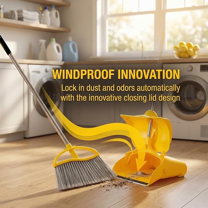 Long Handle Heavy Duty Broom and Dustpan Set Outdoor and Commercial Upright Dustpan and Brush for Restaurant Garage Garden Yard Office Yellow