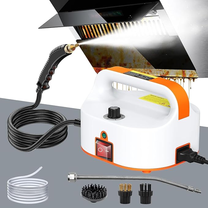 4.5BAR Handheld Steam Cleaner 2500W Portable Steam Cleaner for Home for Car Kitchen Furniture Floors Cleaning Tankless Design 6-Speed Pressurized Steam Machine with 3 Brush Heads Orange