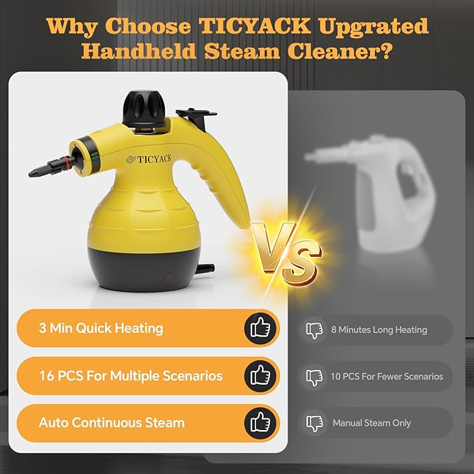 Steam Cleaner Handheld Steam Cleaner for Home 16-Piece Steam Cleaner Kit with Automatic Steam Switch Steamer for Kitchen Bathroom Living Room and Multi-Surface Deep Cleaning(Yellow)