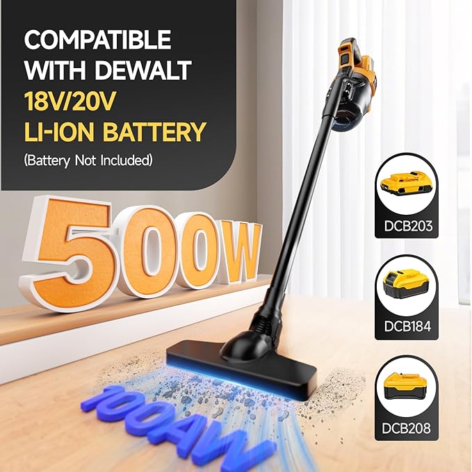 Cordless Vacuum Cleaner for Dewalt 20V Battery 500W Handheld Vacuum Cleaner with Washable Filter Portable Stick Vacuum for Floor Carpet Car Hardwood Pet Hair Home(Battery Not Included)