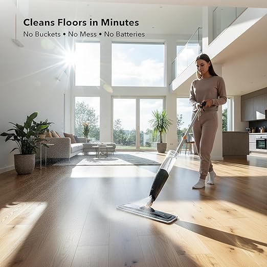 OVENTE Microfiber Spray Mop for Floor Cleaning with Refillable Bottle Washable and Reusable Pad 360° Spin Flat Cordless Wet Scrubber for Hardwood Ceramic Laminate and Vinyl Tiles Black CTM121BGD