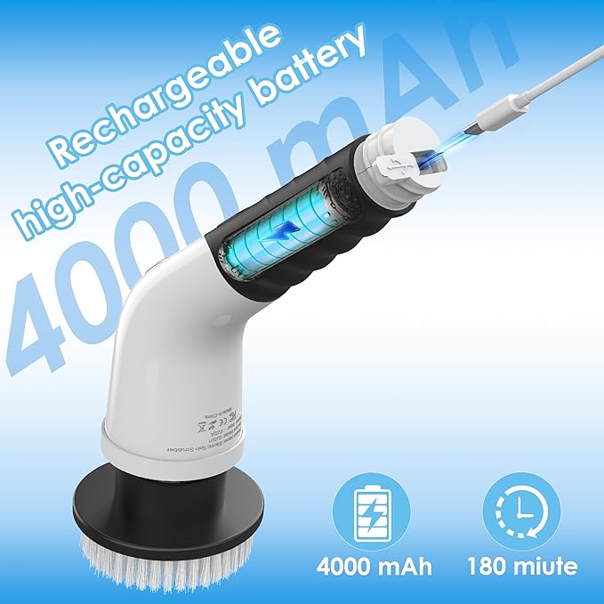 Electric Spin Scrubber Cordless Cleaning Brush with 180 Min Runtime 3-Speed 7 Replaceable Brush Heads &amp Long Detachable Handle LCD Display (RPM/Torque/Battery) for Bathroom Kitchen Tile