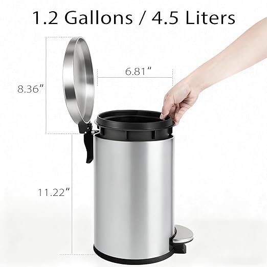 TIPGO Small Trash Can with Lid Soft Close 4.5 Liters / 1.2 Gallon Bathroom Garbage Can Mini Step Trash Bin Stainless Steel Wastebasket for Bathroom Bedroom Office (Silver)