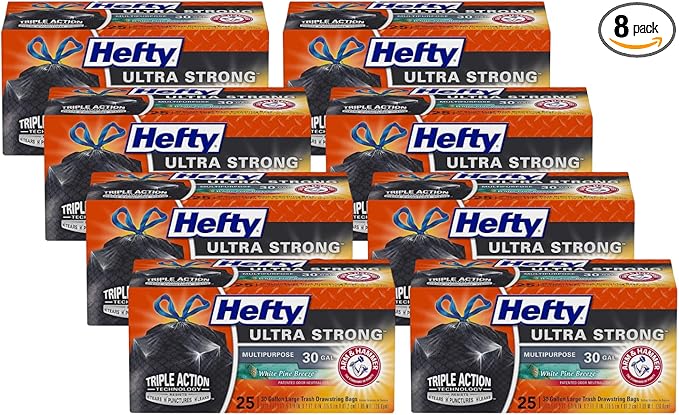 Hefty Ultra Strong Multipurpose Trash Bags Black Large Flexible Bags with Drawstring White Pine Breeze Scent 30 Gallon Bags 25 CT Bags Per Pack (Pack of 8)