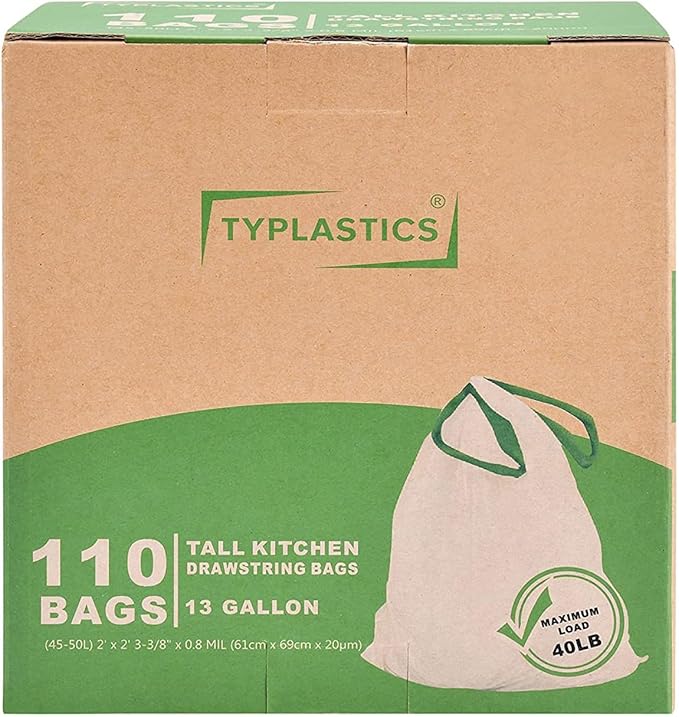 TYPLASTICS Tall Kitchen Drawstring Trash Bags 13 Gallon 110 Count