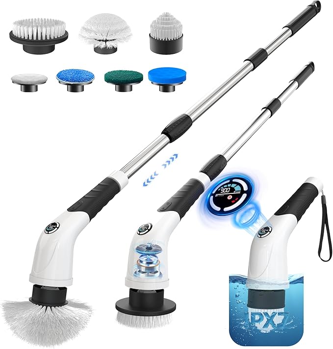 Cordless Electric Spin Scrubber IPX7 Waterproof Rechargeable Power Cleaning Brush with 4000mAh Battery 210min Runtime 7 Brush Heads 3 Adjustable Speeds for Shower Tub Tile Kitchen Floor