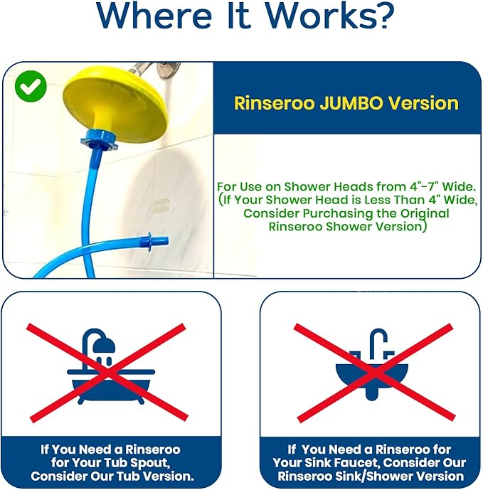 Rinseroo JUMBO Shower Cleaning Thing – Slip-On Handheld Hose Attachment for Fast Mess-Free Shower Wall Rinsing–6 Ft Hose Fits Up to 7 Shower Head–Temporarily Converts Standard Shower into Handheld
