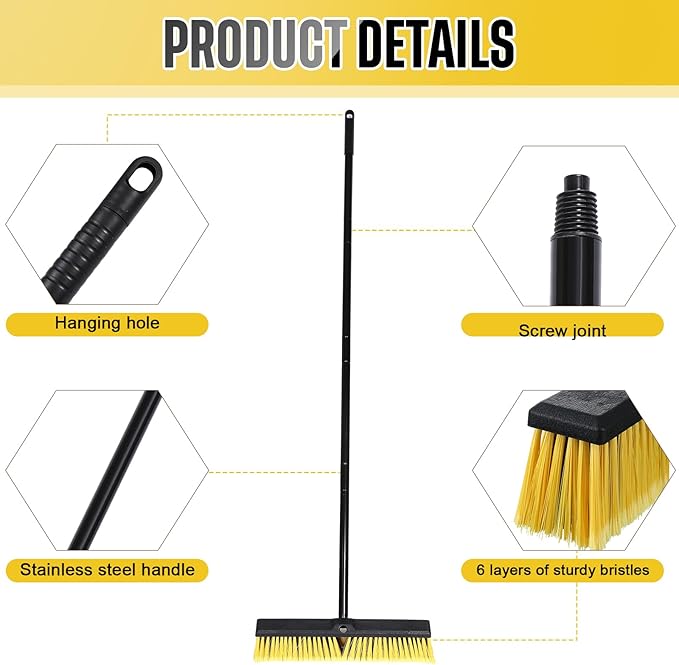 Zhehao 10 Pack 18 Inches Push Broom Outdoor Multi Surface Garden Brush Broom with Adjustable 63 Long Handle for Deck Driveway Patio Warehouse Garage Yard Concrete Floor Cleaning (Yellow)