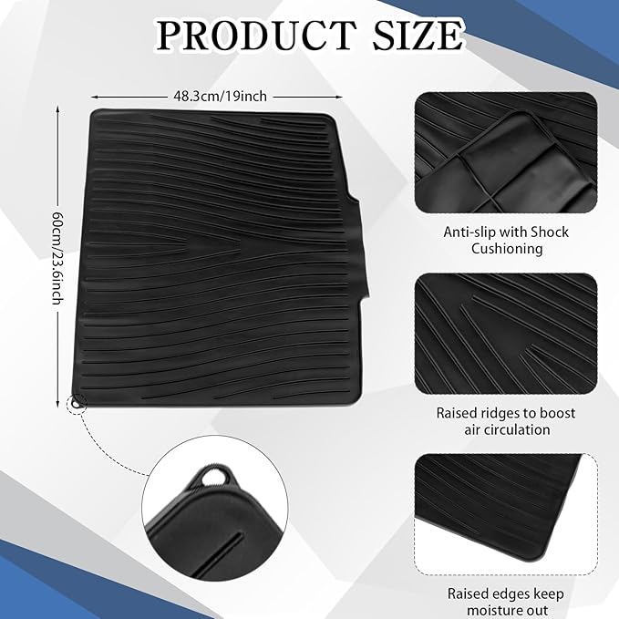 2 Pcs Extra Large Silicone Dish Drying Mat with Drain Lip 23.6 x 19 Inch Dish Drainer Liner Rubber Counter Drying Pad for Kitchen Sink Drawer (Black)