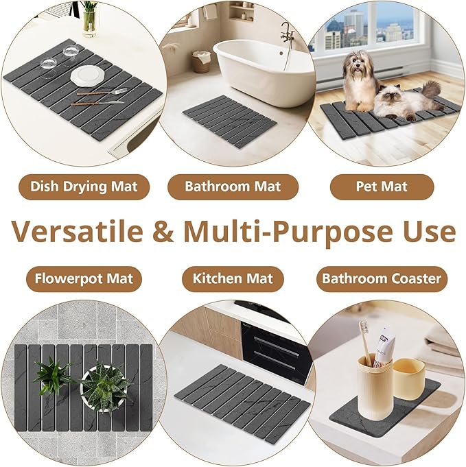 2 PCS Large Stone Dish Drying Mat for Kitchen Counter Marbled Quick Dry Stone Dish Mats Diatomaceous Earth Drying Pad Foldable and Super Absorbent Dish Drying Stone Mat (Dark Gray 24×16 &amp 8×