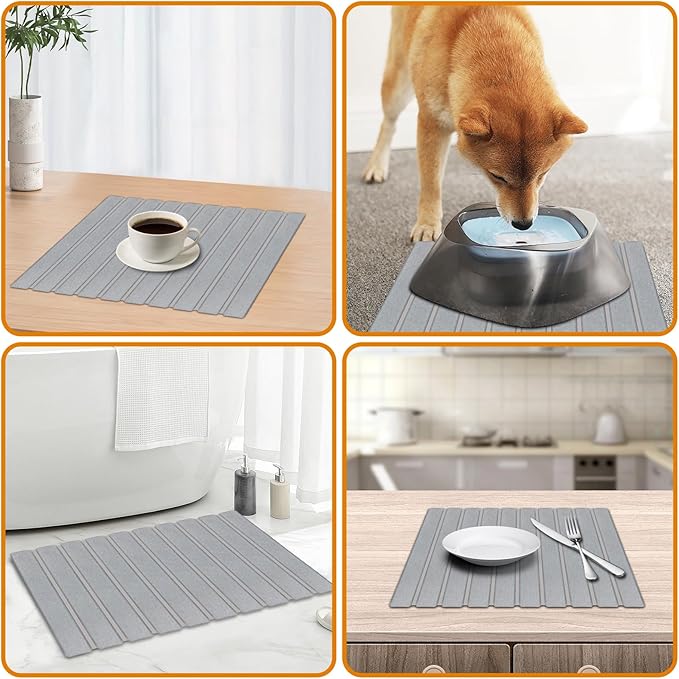 Stone Dish Drying Mat for Kitchen Counter 24x16 Collapsible Large Stone Dish Drying Mat Eco-Friendly Absorbent Diatomaceous Earth Mats for Cups Dishes Bottles(Medium grey)