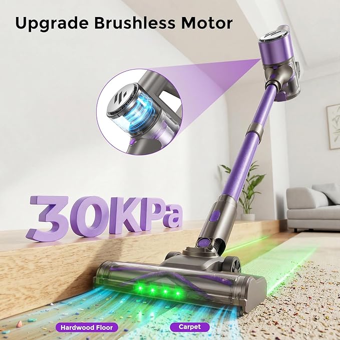 Cordless Vacuum CleanerVacuum Cleaner for Home with Brushless MotorLightweight Stick Vacuum with Self-Standing and Touch ScreenHardwood Floor Vacuum for Pet HairCarpetsTile(Purple)