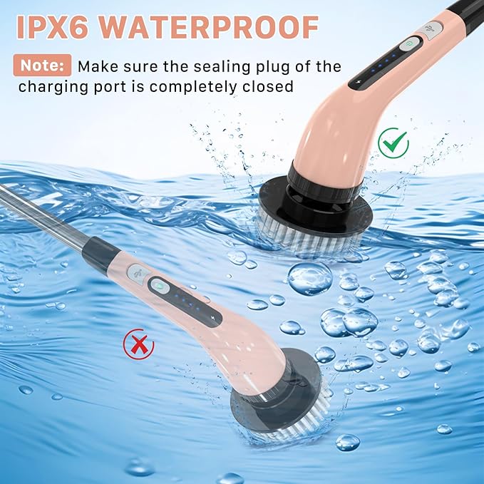 Electric Spin Scrubber Cordless Cleaning Brush Shower Scrubber with 7 Replaceable Brush 2 Speeds and Adjustable Extension Handle for Bathroom Shower Bathtub Glass Car(Pink)