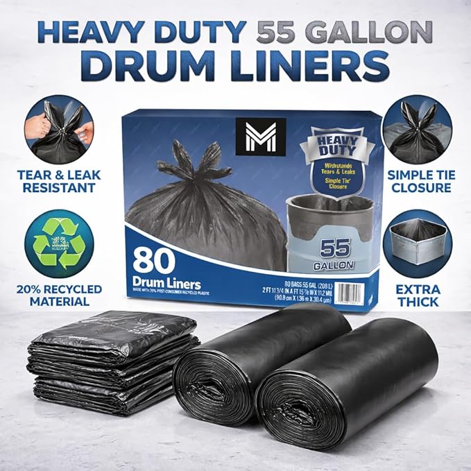 Member’s Heavy Duty 55 Gallon Drum Liners 80 Count Industrial Trash Bags Tear &amp Leak Resistant Extra Thick Embossed Garbage Bags with Simple Tie Closure Large Commercial Drum Bags