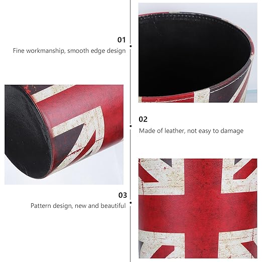 VALICLUD European Style Leather Wastebasket with Union Jack Pattern Large Household Trash Can Open Top Decorative Garbage Bin for Office and Home Storage