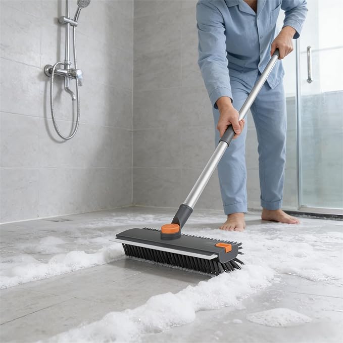 Floor Scrub V Brush with Long Handle 4 in 1 Silicone Scrape and Stiff Bristle Scrubber 360° Cleaning Brush with Tweezers for Shower Bathroom Patio Garage Kitchen Wall and Deck